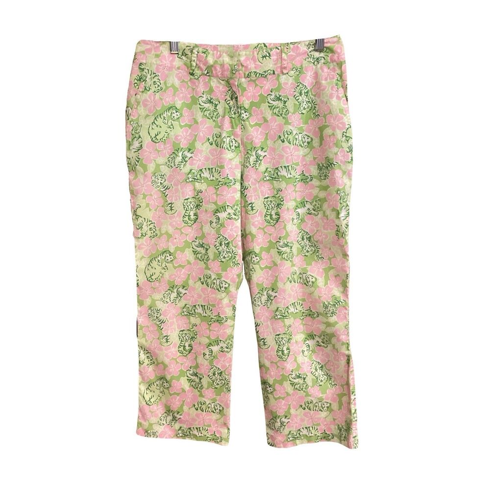 Vtg Lilly Pulitzer Capri Pant Pink Green Tiger Cloud Cherry Blossom High Rise 10